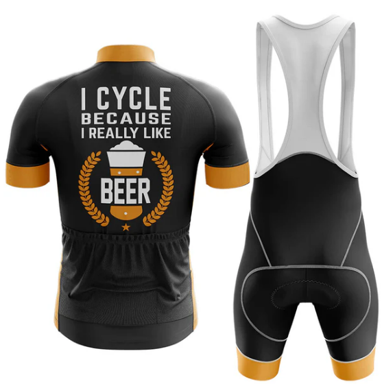 Cycling outfit with text 'Cycle because I really like beer' on a black jersey and bib shorts.