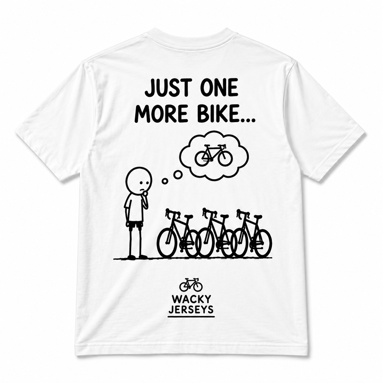 White short-sleeve t-shirt with a black graphic print on the back. The graphic features a stick figure standing next to four bicycles, with a thought bubble showing a bicycle.
