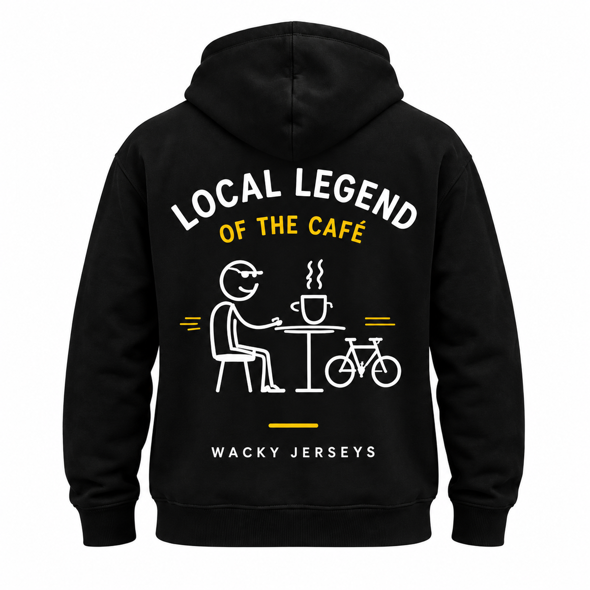 A black pullover hoodie shown from the back, featuring a white and yellow graphic print that reads 'LOCAL LEGEND OF THE CAFE' above a minimalist cafe scene with a person, coffee cup, and bicycle, and 'WACKY JERSEYS' printed below.