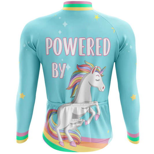 Long-sleeve shirt with a unicorn design and 'Powered By' text on a light blue background
