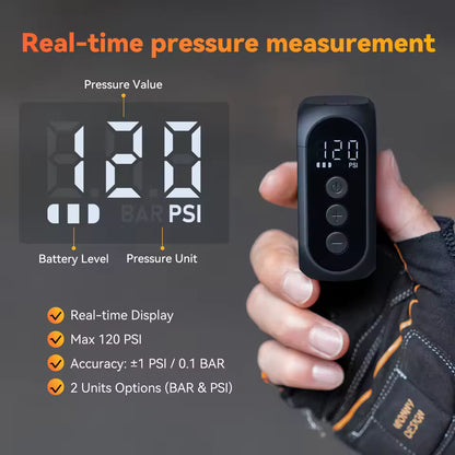 Digital pressure gauge held in a hand with text highlighting features on a dark background