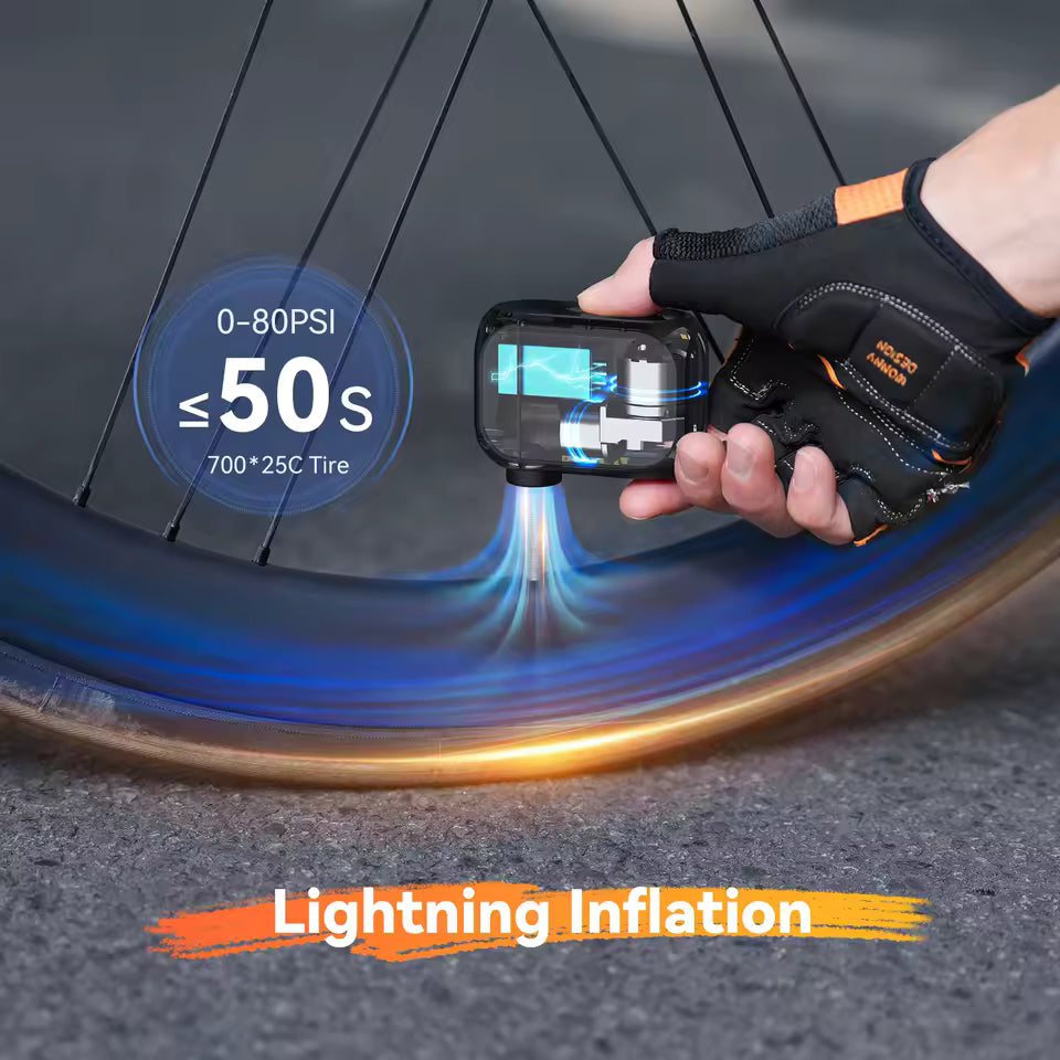 Hand using a digital tire inflator on a bicycle tire with 'Lightning Inflation' text.