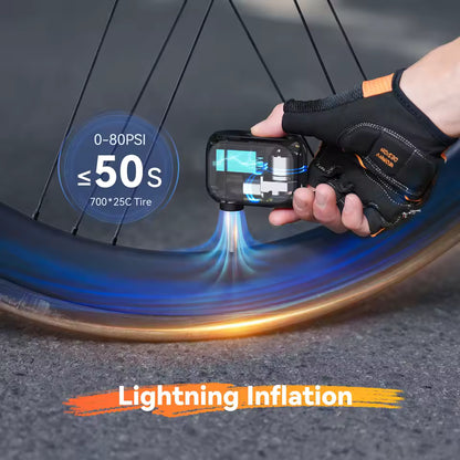 Hand using a digital tire inflator on a bicycle tire with 'Lightning Inflation' text.