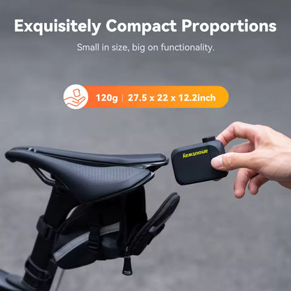 Small black device being held next to a bicycle seat with text about its compact size and functionality.