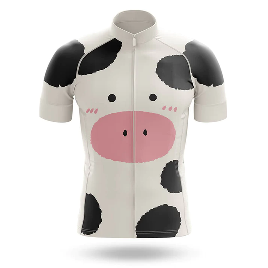 Cycling jersey with cow pattern on a white background