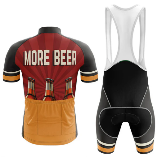 Cycling jersey and bib shorts with 'More Beer' text and bottle graphic on a white background