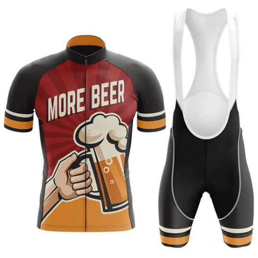 Cycling jersey and bib shorts with 'More Beer' design on a white background