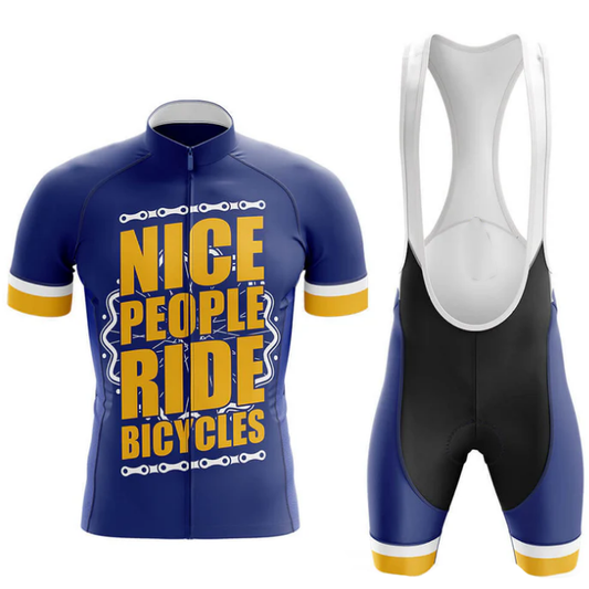 Cycling jersey and bib shorts with 'Nice People Ride Bicycles' text on a white background