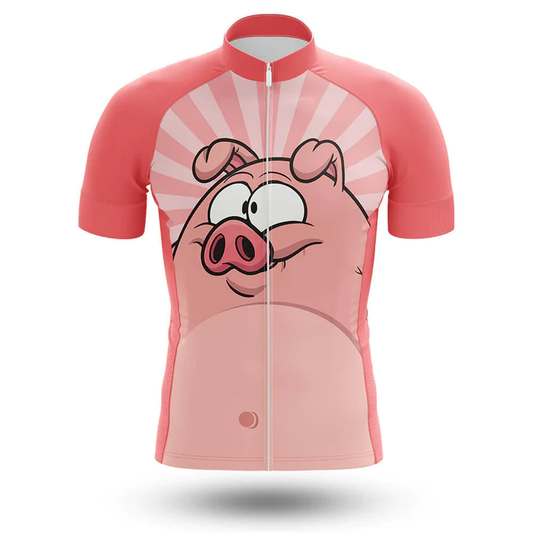 Pink cycling jersey with a cartoon pig design on a white background