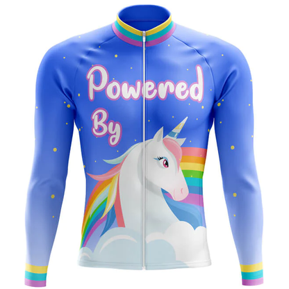 Cycling jersey with unicorn design and 'Powered By' text on a blue background