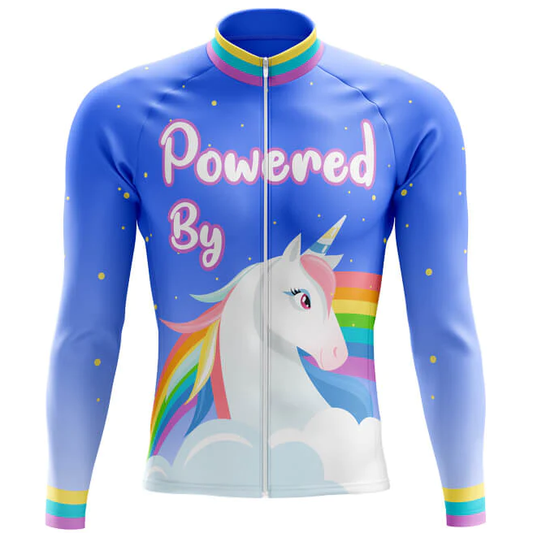 Cycling jersey with unicorn design and 'Powered By' text on a blue background