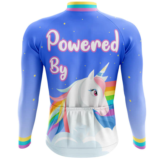 Cycling jersey with a unicorn design and 'Powered By' text on a blue background