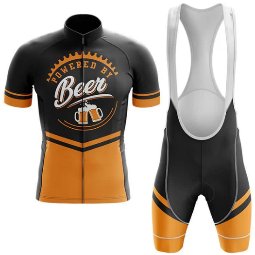 Cycling jersey and bib shorts with 'Powered by Beer' text on a white background