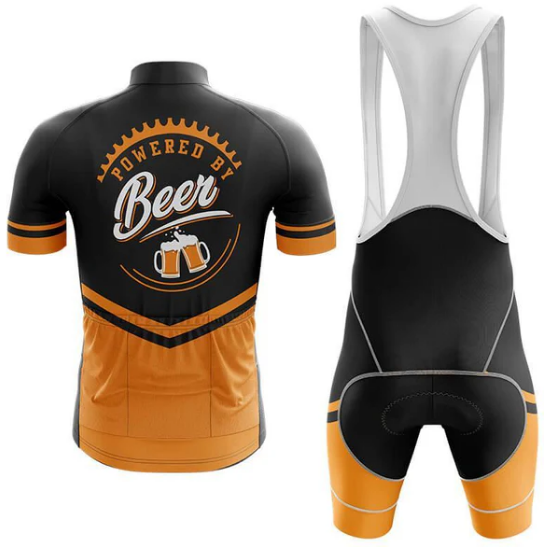Cycling jersey and bib shorts with 'Powered by Beer' design on a white background