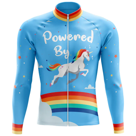 Cycling jersey with unicorn design and 'Powered By' text on a blue background