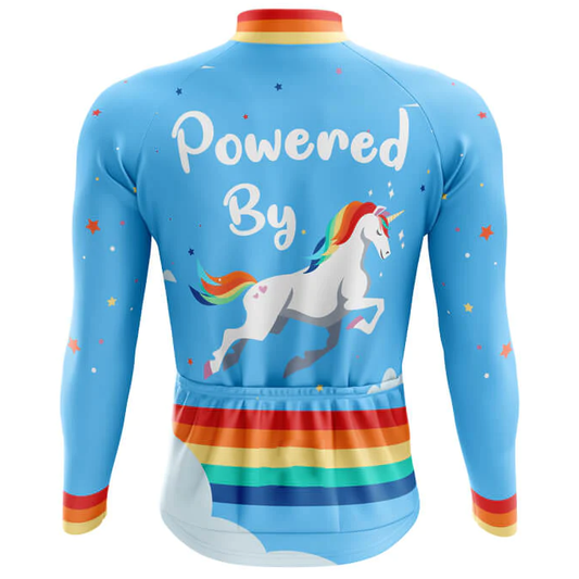 Cycling jersey with unicorn design and 'Powered By' text on a blue background
