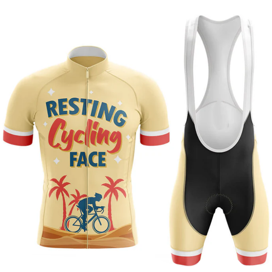 Cycling jersey and bib shorts with 'Resting Cycling Face' text and graphics on a white background.
