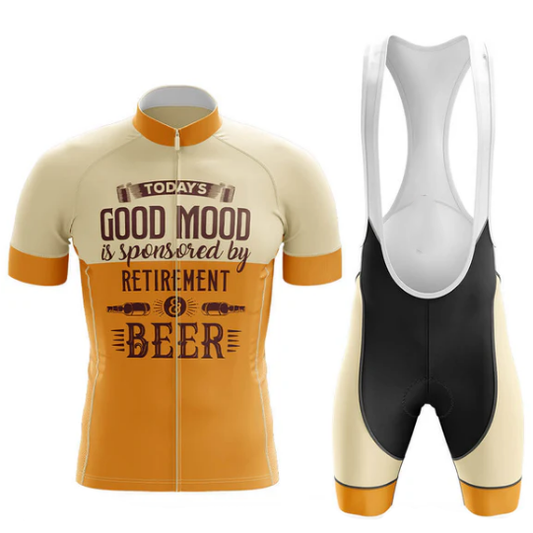 Cycling jersey and bib shorts with humorous text design on a white background