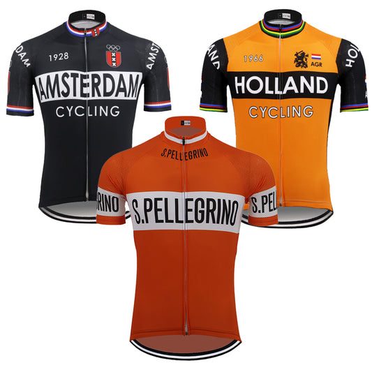 Three cycling jerseys with different designs and branding on a white background.