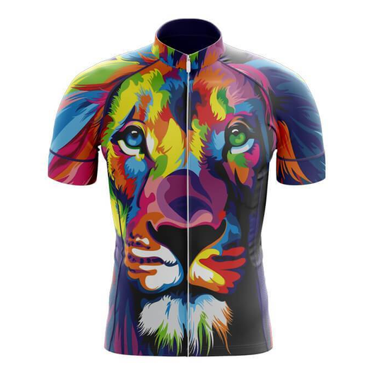 Colorful lion-themed cycling jersey on a white background