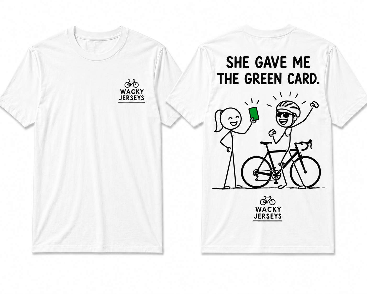 White short-sleeve graphic T-shirt shown from both front and back. The front has a small black and green 'Wacky Jerseys' logo on the left chest.