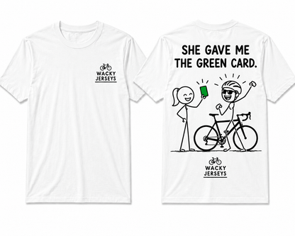 White short-sleeve graphic T-shirt shown from both front and back. The front has a small black and green 'Wacky Jerseys' logo on the left chest.