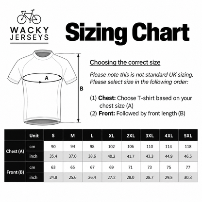 Wacky Jerseys sizing chart graphic showing a simple T-shirt diagram with chest and front length measurements labeled A and B, plus a size table from S to 5XL with centimeter and inch values.