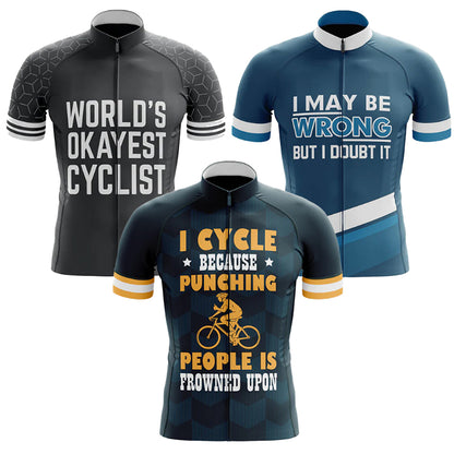 Three cycling jerseys with humorous text designs on a white background