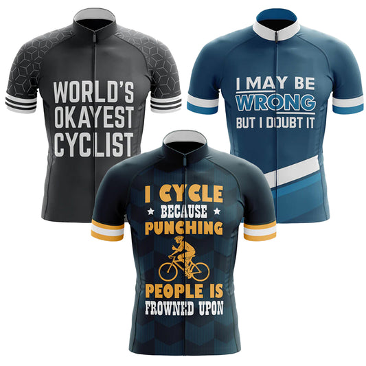 Three cycling jerseys with humorous text designs on a white background