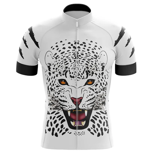Cycling jersey with a leopard design on a white background
