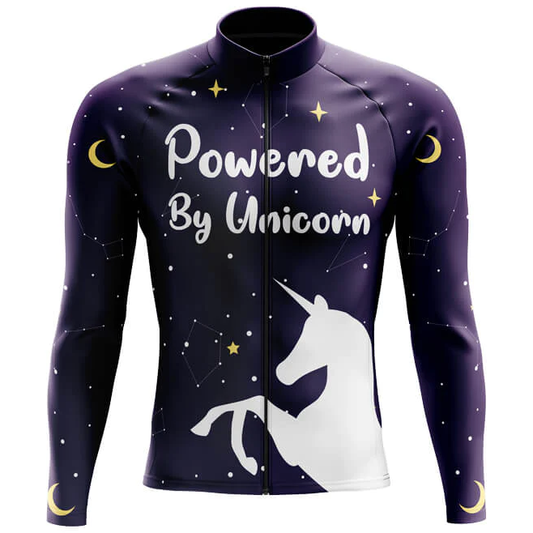 Cycling jersey with unicorn design and text 'Powered By Unicorn' on a dark background