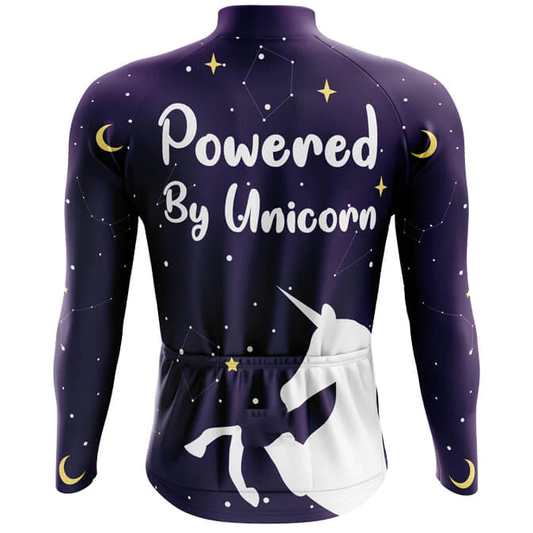 Long-sleeve shirt with unicorn design and text 'Powered By Unicorn' on a white background