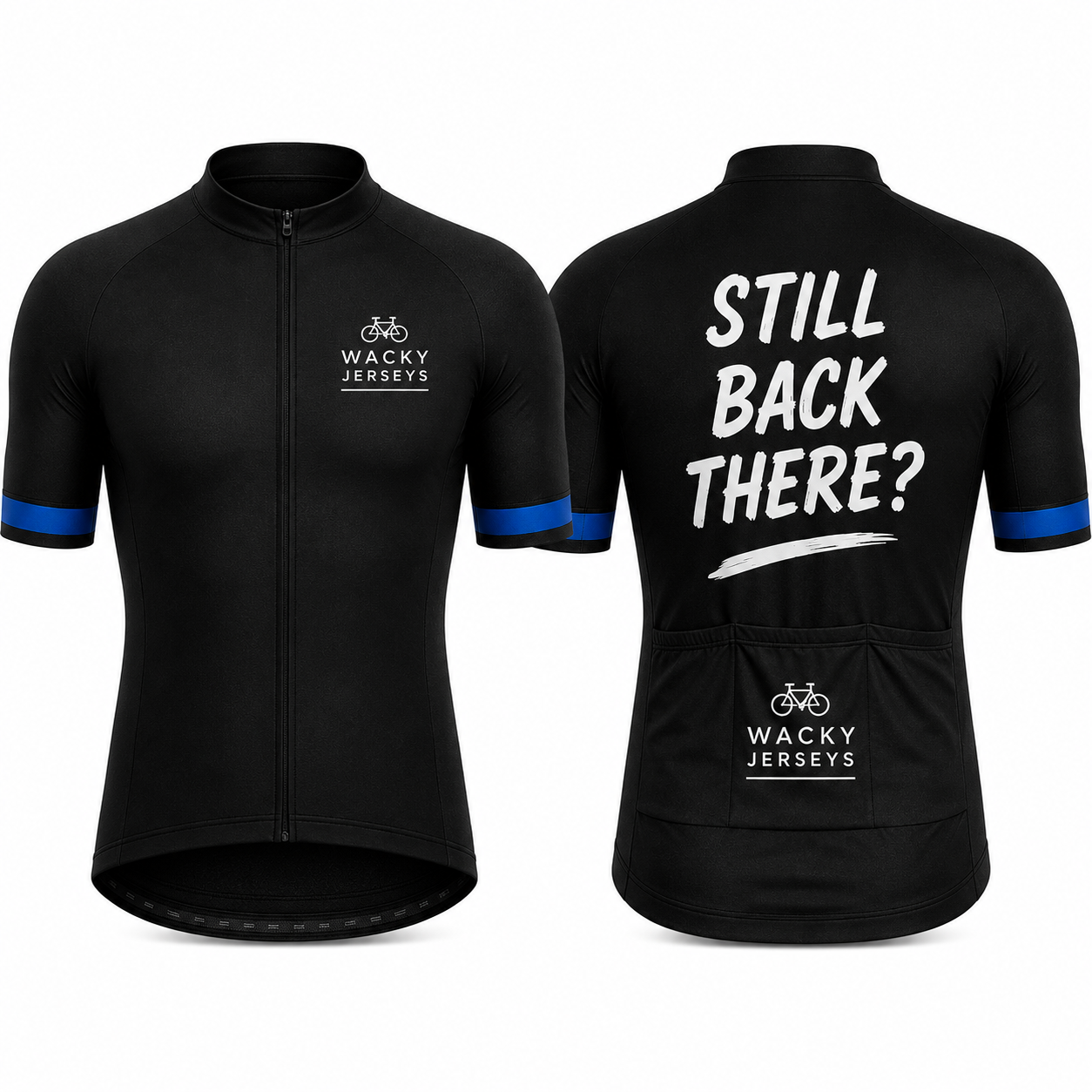 Front and back views of a black short-sleeve cycling jersey. The front features a full zip, a white 'Wacky Jerseys' logo on the left chest, and blue accents on the sleeve cuffs.