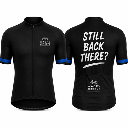 Front and back views of a black short-sleeve cycling jersey. The front features a full zip, a white 'Wacky Jerseys' logo on the left chest, and blue accents on the sleeve cuffs.