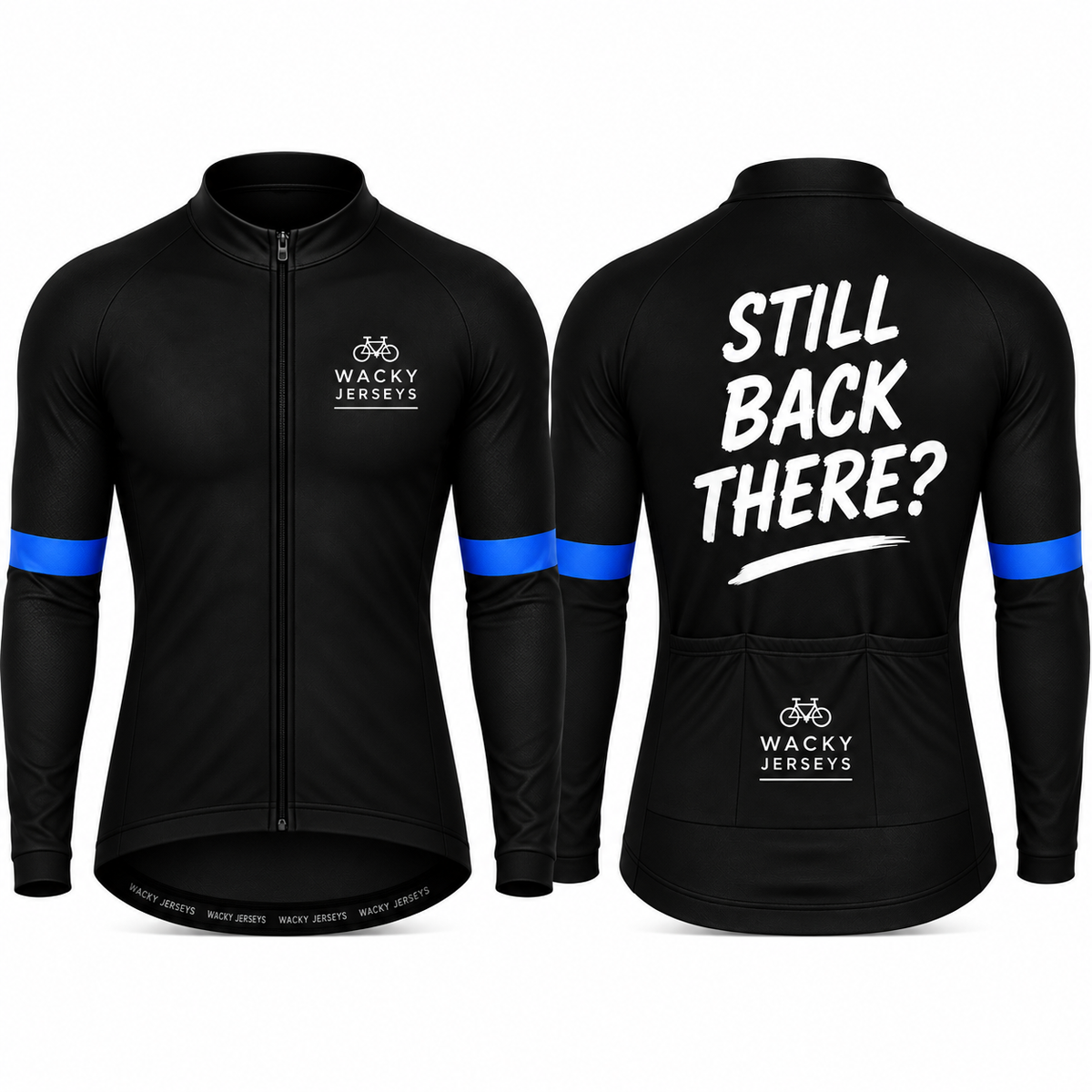 Black long-sleeve cycling jersey shown from the front and back on a white background. The front features a full zip, a white 'WACKY JERSEYS' logo on the left chest, and blue stripes on the upper sleeves.