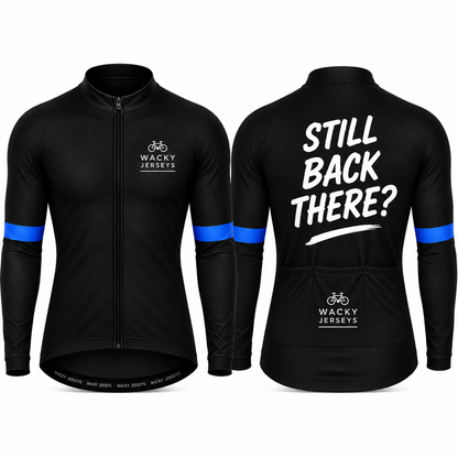 Black long-sleeve cycling jersey shown from the front and back on a white background. The front features a full zip, a white 'WACKY JERSEYS' logo on the left chest, and blue stripes on the upper sleeves.