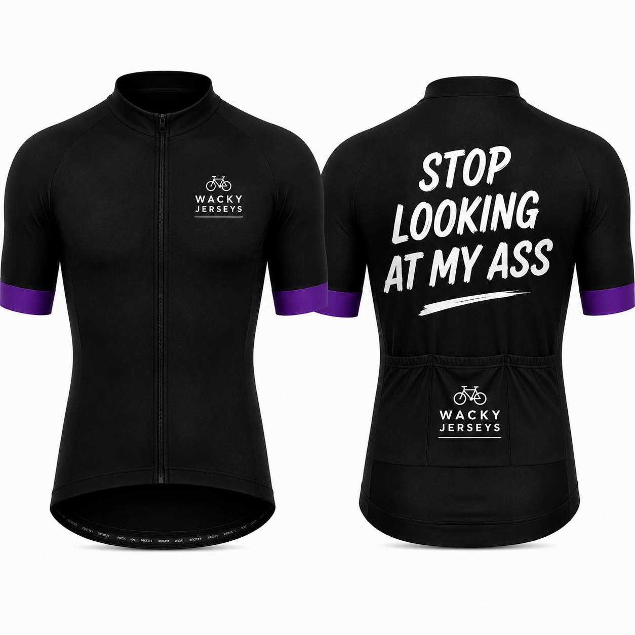 Black short-sleeve cycling jersey shown from the front and back on a white background. The front has a full zipper, a small white 'WACKY JERSEYS' logo on the left chest, and purple sleeve accents.