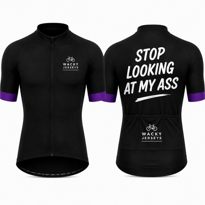 Black short-sleeve cycling jersey shown from the front and back on a white background. The front has a full zipper, a small white 'WACKY JERSEYS' logo on the left chest, and purple sleeve accents.