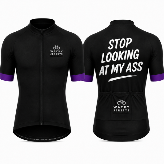Black short-sleeve cycling jersey shown from the front and back on a white background. The front has a full zipper, a small white 'WACKY JERSEYS' logo on the left chest, and purple sleeve accents.
