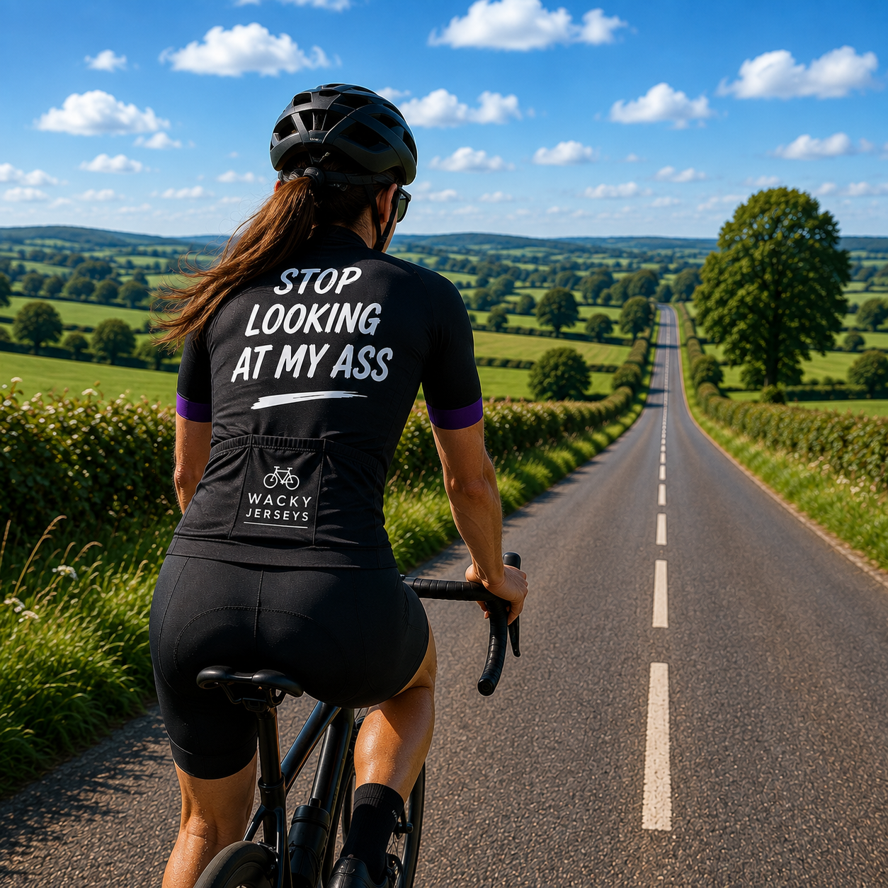 A cyclist viewed from behind riding on a country road, wearing a black cycling jersey with white text reading 'STOP LOOKING AT MY ASS' and 'WACKY JERSEYS' on the back pocket, along with a black helmet and shorts.