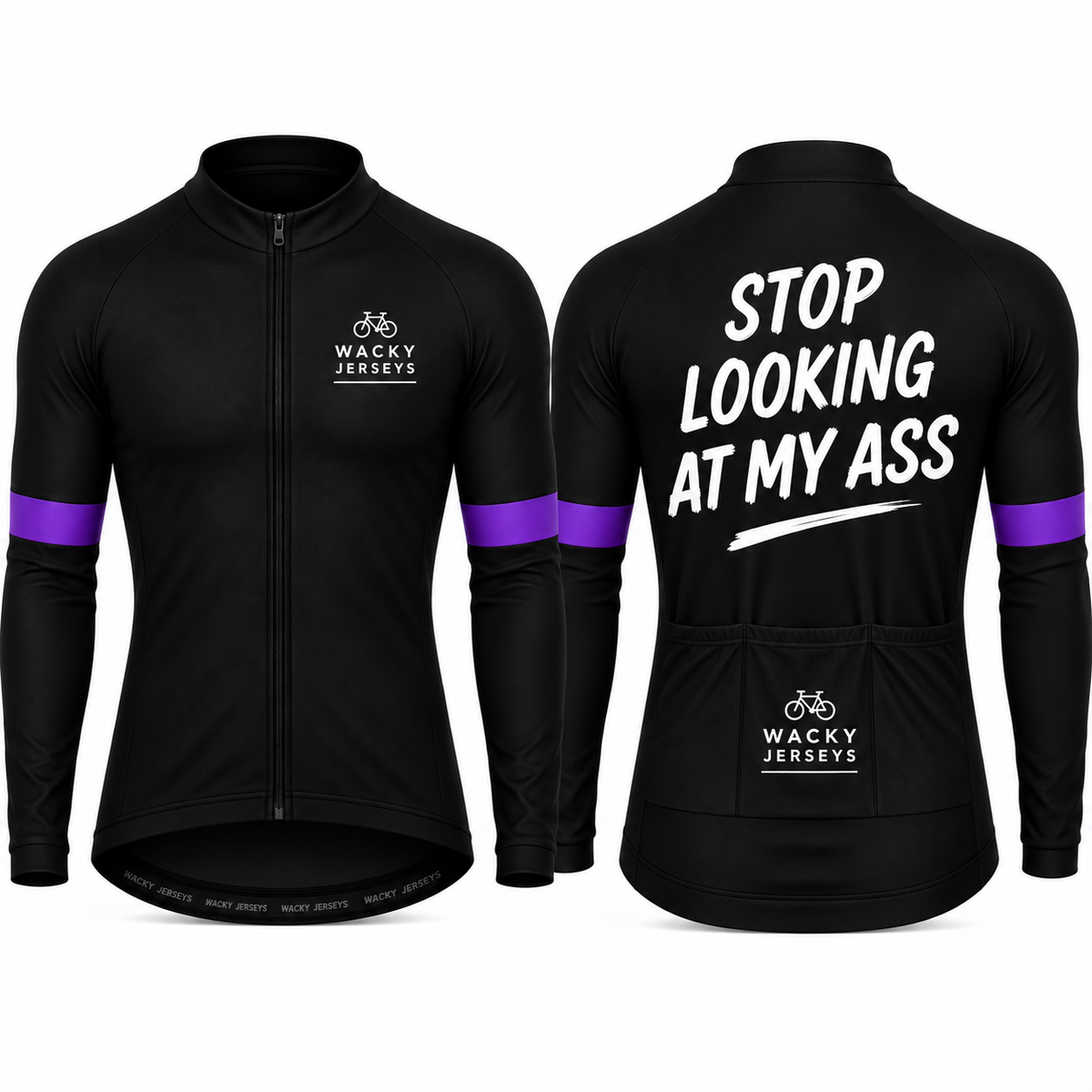Black long-sleeve cycling jersey shown from the front and back on a white background. The front features a full zip, a small white 'Wacky Jerseys' logo on the left chest, and purple stripes on the upper sleeves.