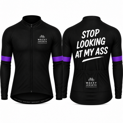 Black long-sleeve cycling jersey shown from the front and back on a white background. The front features a full zip, a small white 'Wacky Jerseys' logo on the left chest, and purple stripes on the upper sleeves.