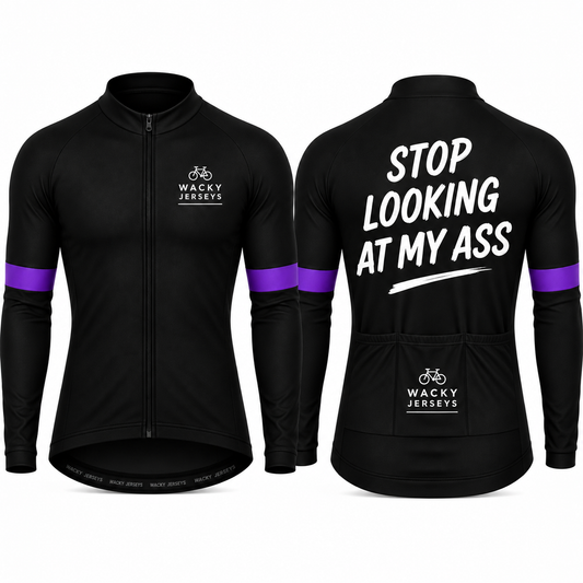 Black long-sleeve cycling jersey shown from the front and back on a white background. The front features a full zip, a small white 'Wacky Jerseys' logo on the left chest, and purple stripes on the upper sleeves.