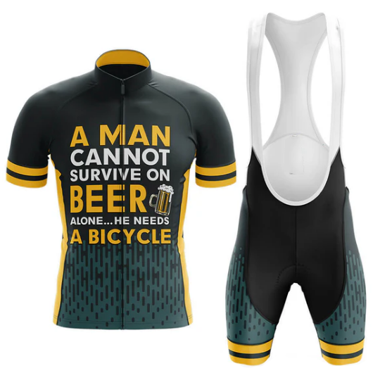 Cycling jersey and bib shorts with humorous text design on a white background