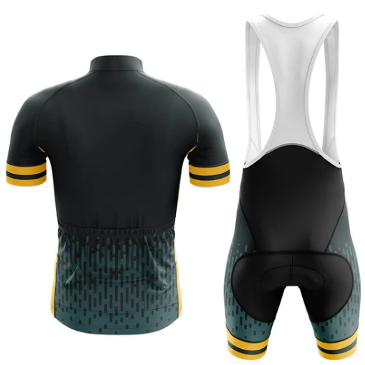 Cycling jersey and bib shorts set with black and green design on a white background