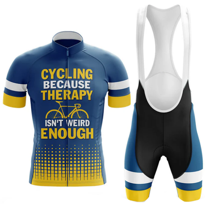 Cycling jersey and bib shorts set with humorous text design on a white background