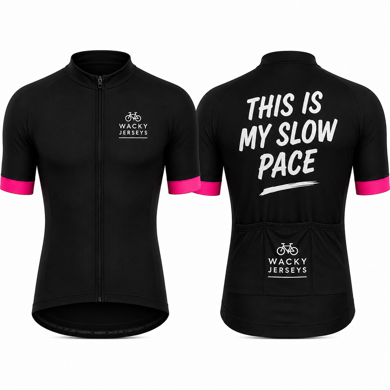Black short-sleeve cycling jersey shown from the front and back on a white background. The front has a full zipper, a small white Wacky Jerseys logo on the left chest, and bright pink sleeve accents.