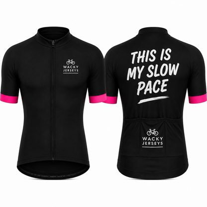 Black short-sleeve cycling jersey shown from the front and back on a white background. The front has a full zipper, a small white Wacky Jerseys logo on the left chest, and bright pink sleeve accents.