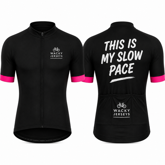 Black short-sleeve cycling jersey shown from the front and back on a white background. The front has a full zipper, a small white Wacky Jerseys logo on the left chest, and bright pink sleeve accents.