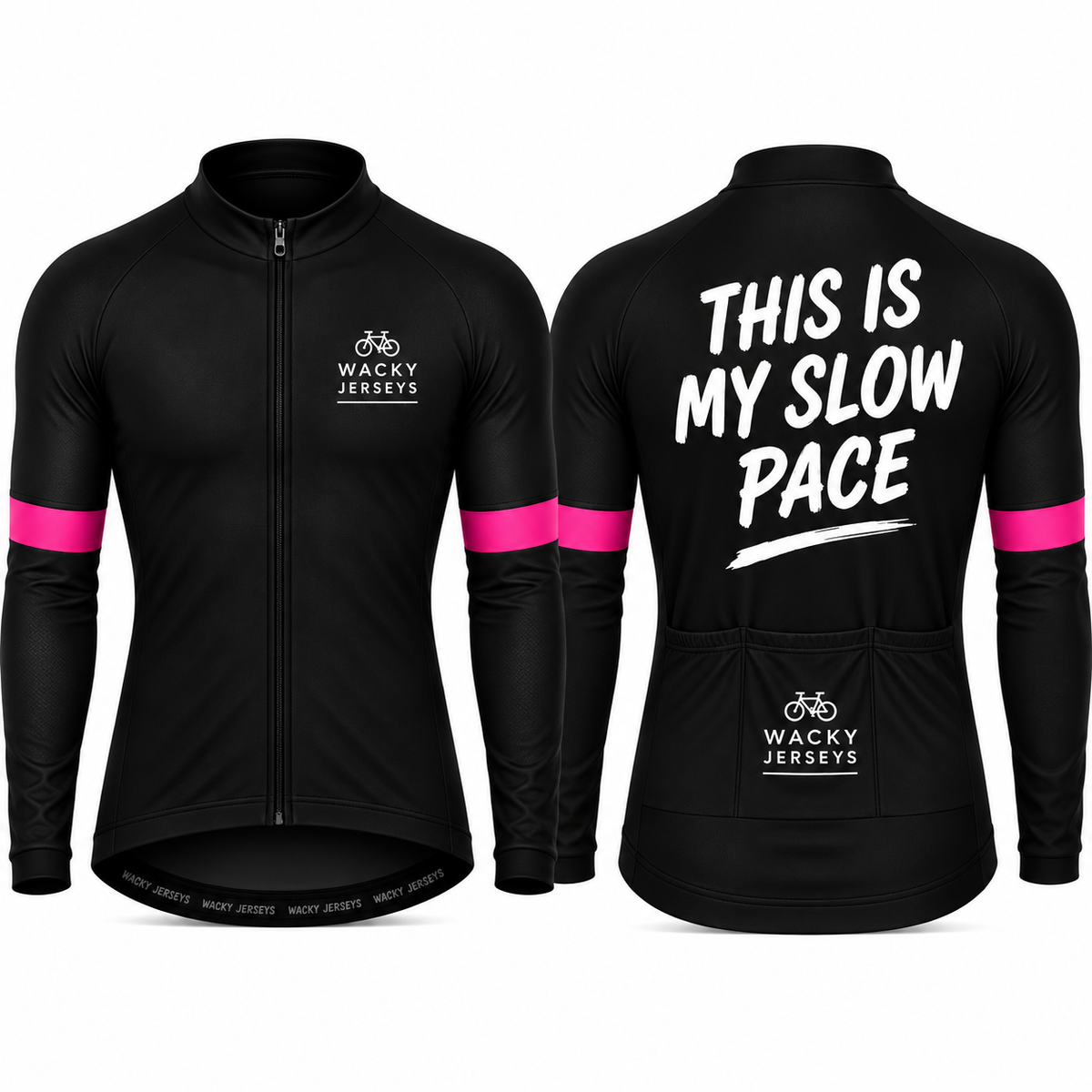 Black long-sleeve cycling jersey shown from the front and back on a white background. The front has a full zipper, a white 'Wacky Jerseys' logo on the left chest, and bright pink sleeve stripes.